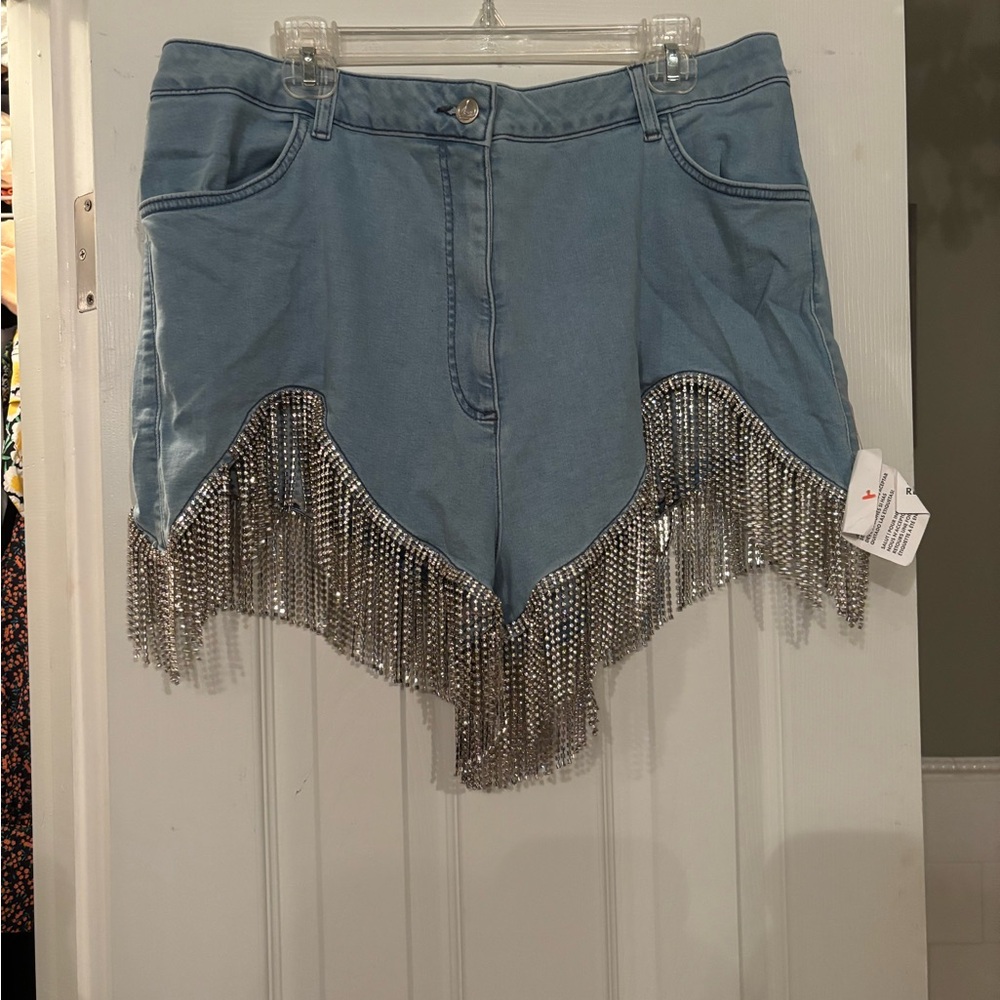 ASOS Light Blue Denim Shorts with Silver Fringe